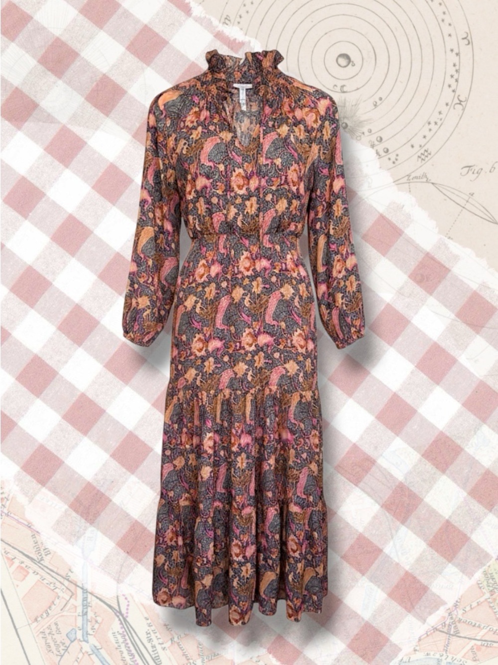 MELLODAY Printed Tiered Maxi Dress in Pink and Brown